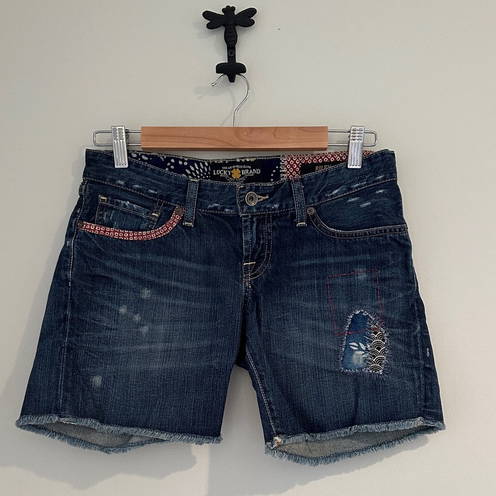 Lucky Brand Dark Blue Distressed Denim Patch Shorts